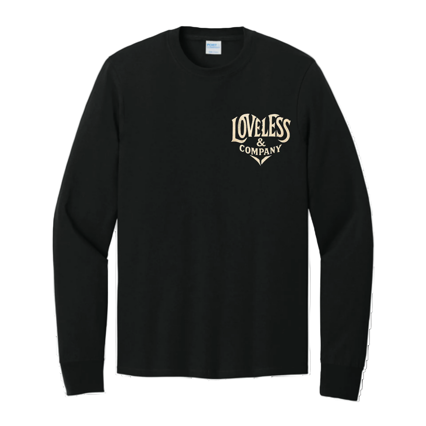 Black long-sleeve shirt with 'Loveless & Company' logo on a white background
