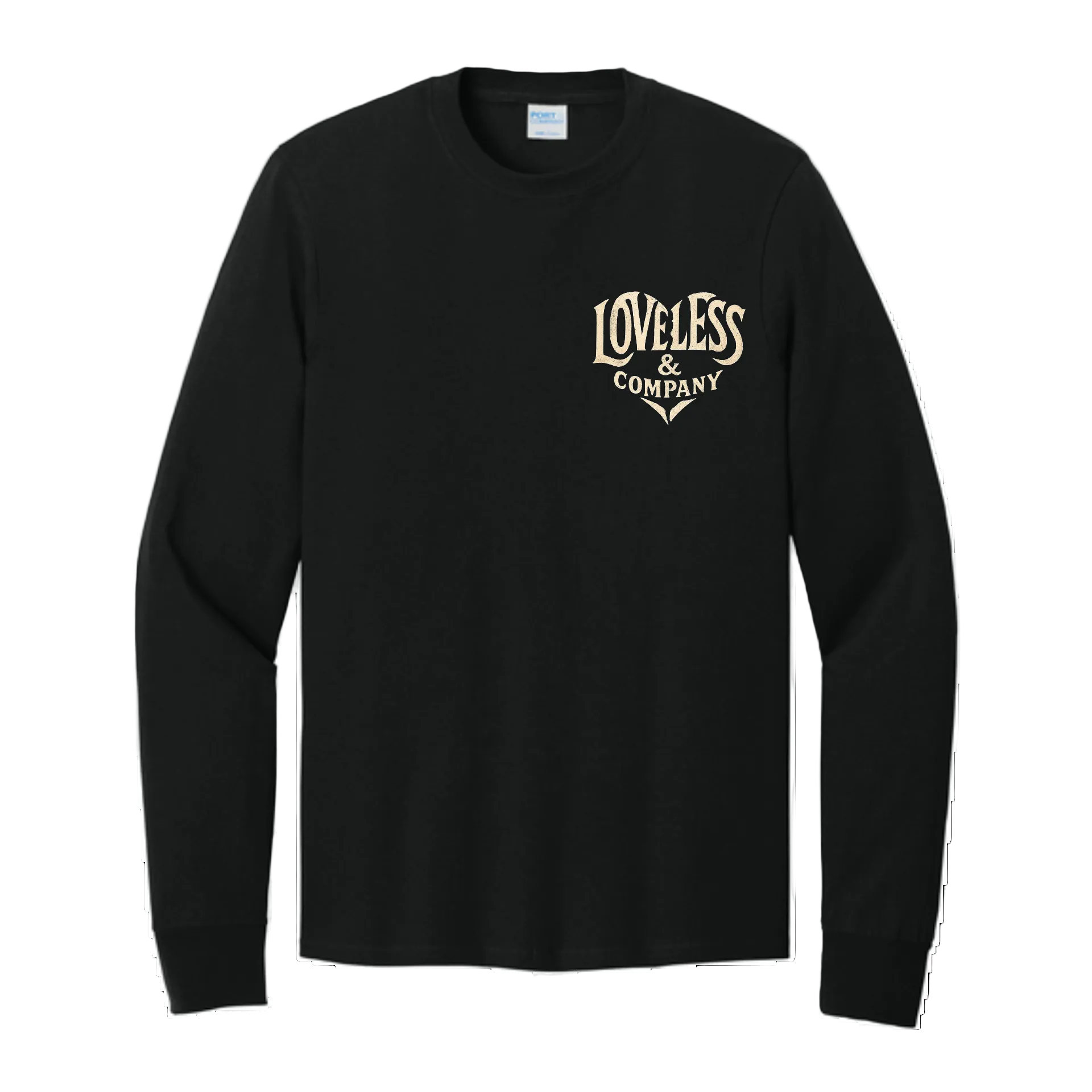 Black long-sleeve shirt with 'Loveless & Company' logo on a white background