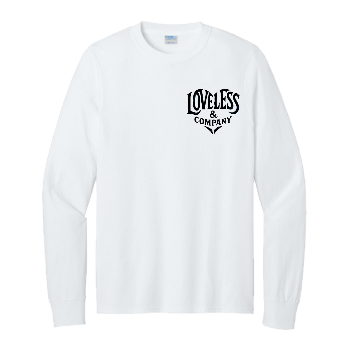 White long-sleeve shirt with 'Loveless & Company' logo on a white background