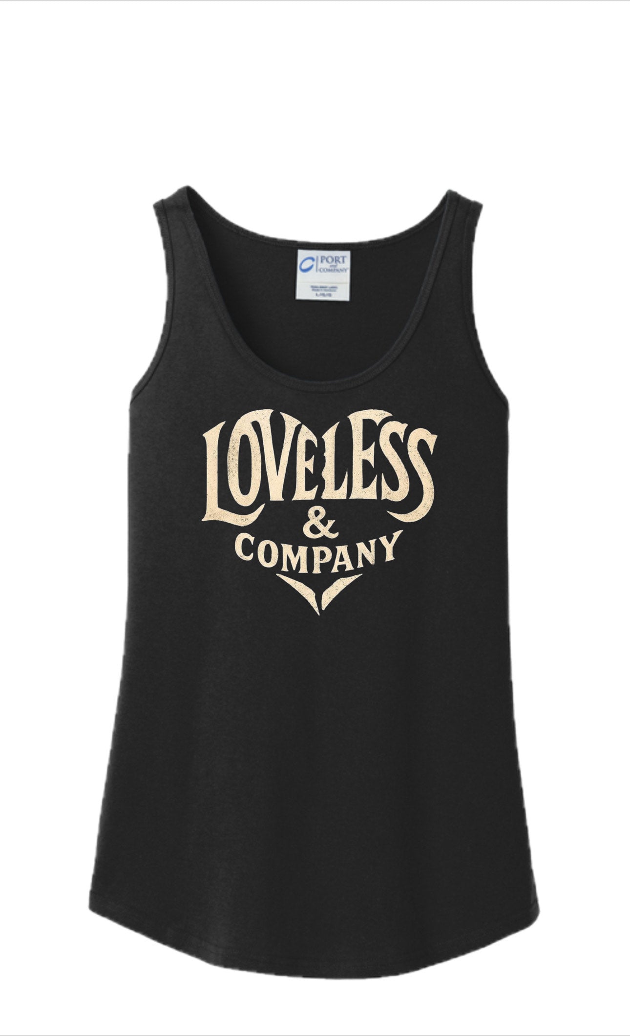 Black tank top with 'Loveless & Company' text on a white background