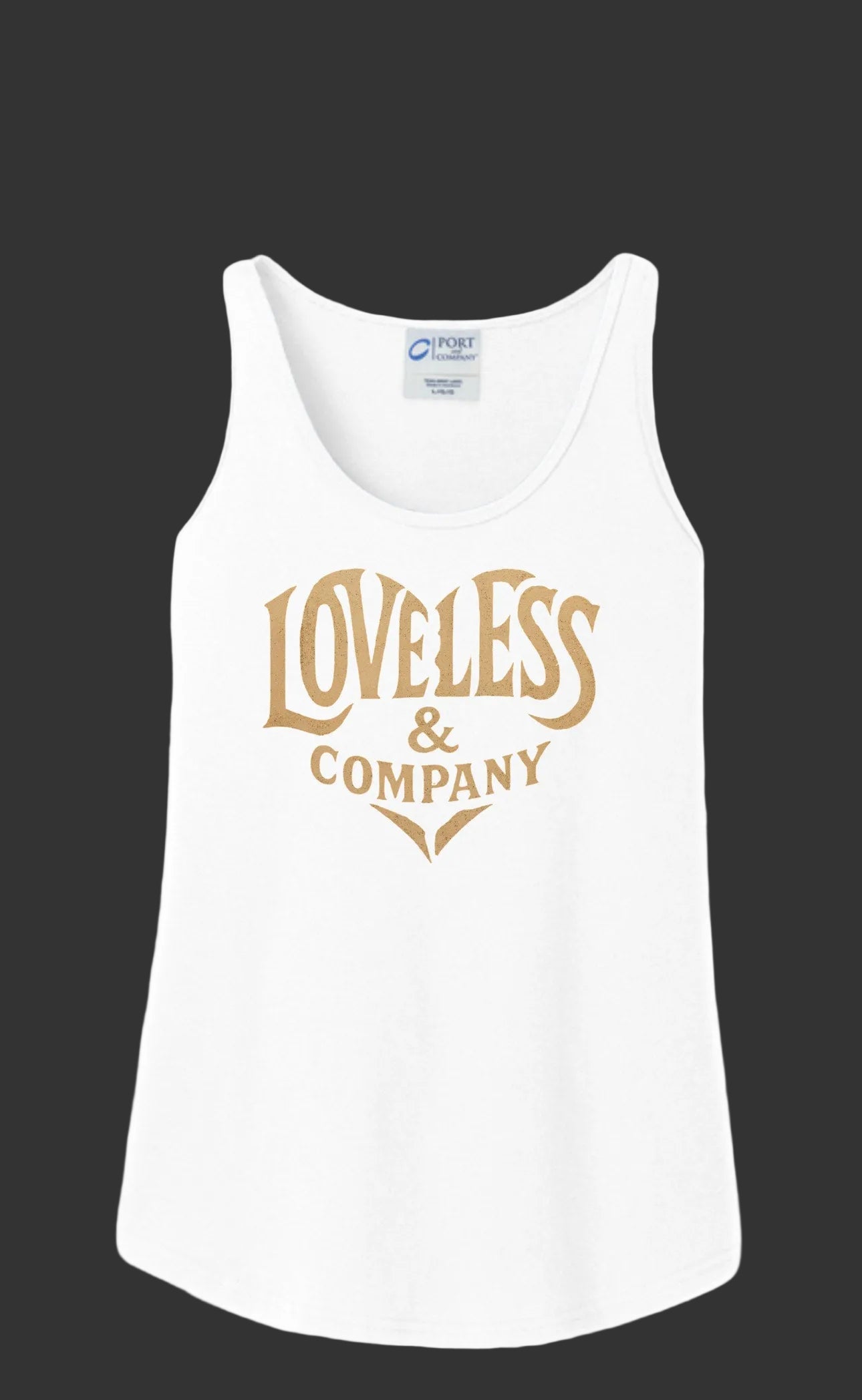 White tank top with 'Loveless & Company' logo on a white background